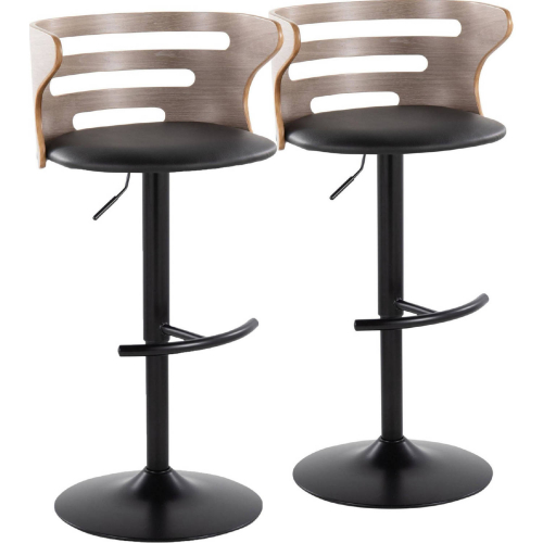 Cosi Adjustable Swivel Bar Stool in Black Metal, Light Grey Wood & Black Leatherette (Set of 2)